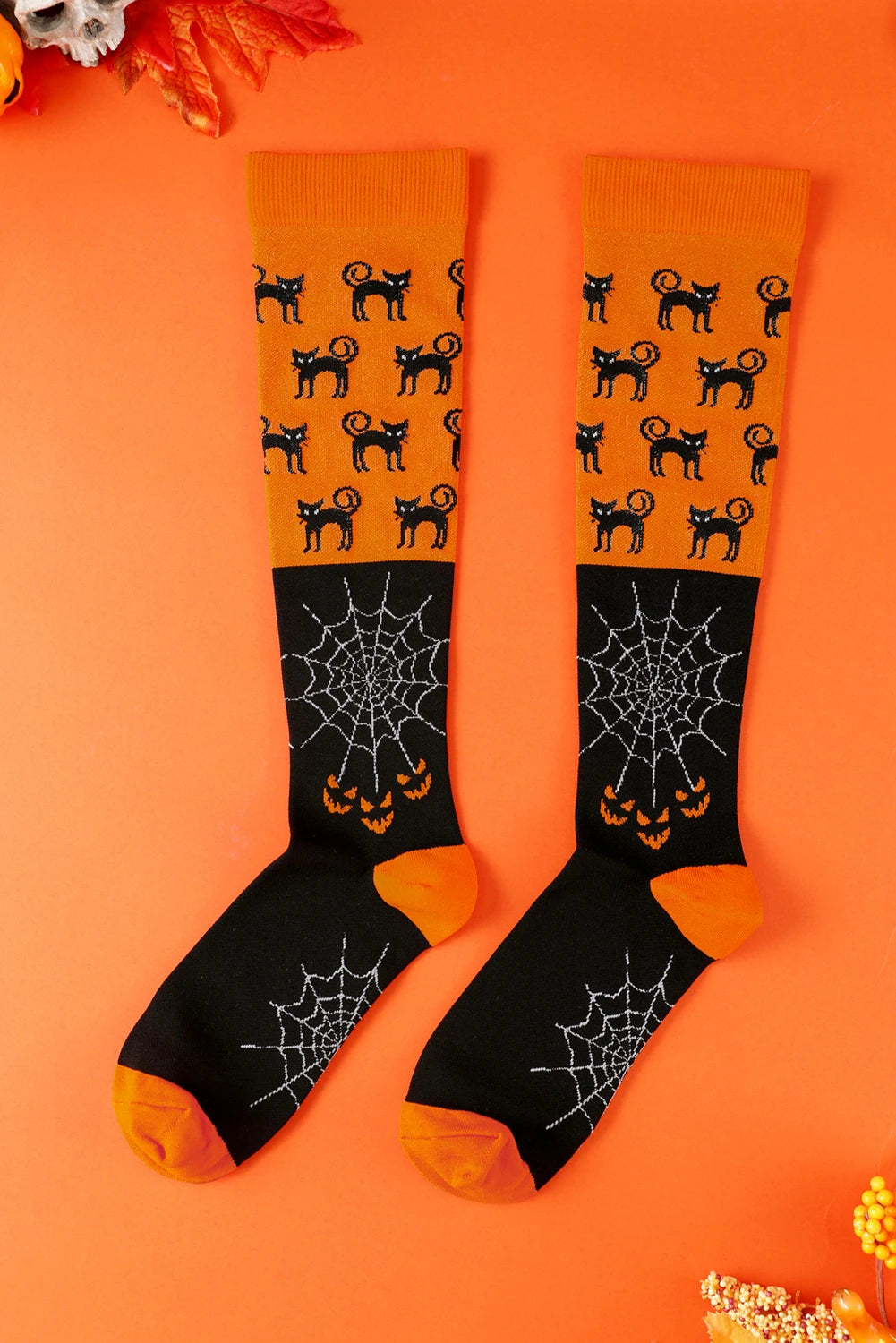 Orange Horrifying Cat Spider Web Color Block Halloween Knit Compression Socks