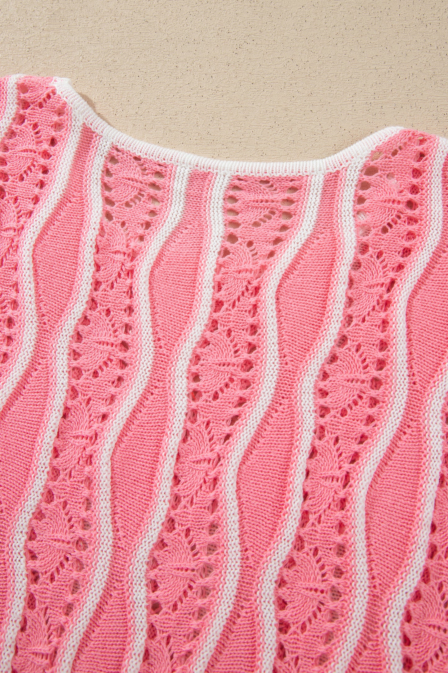 Pink Wavy Detail Hollow Out Knit Long Sleeve Cotton Pullover Sweater