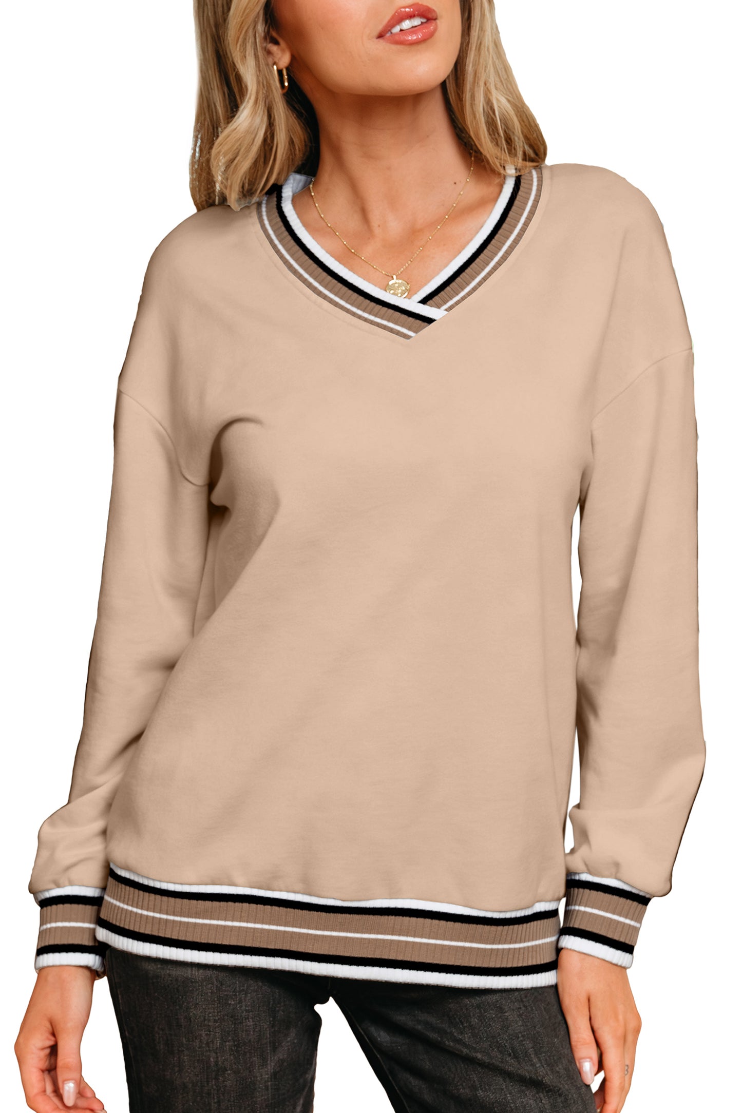 Gray Varsity Contrast Striped Trim V Neck Sweatshirt