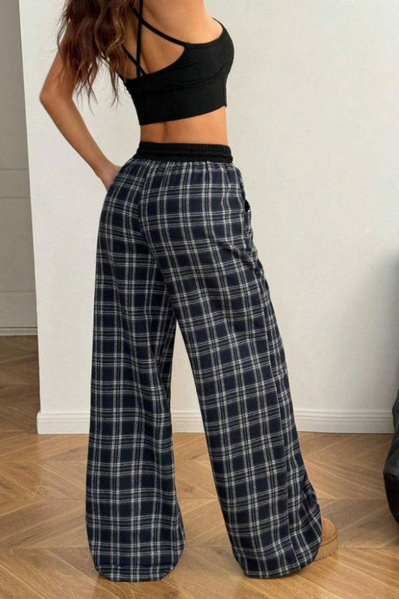 Plaid Wide Leg Pants Drawstring Elastic Waist Casual