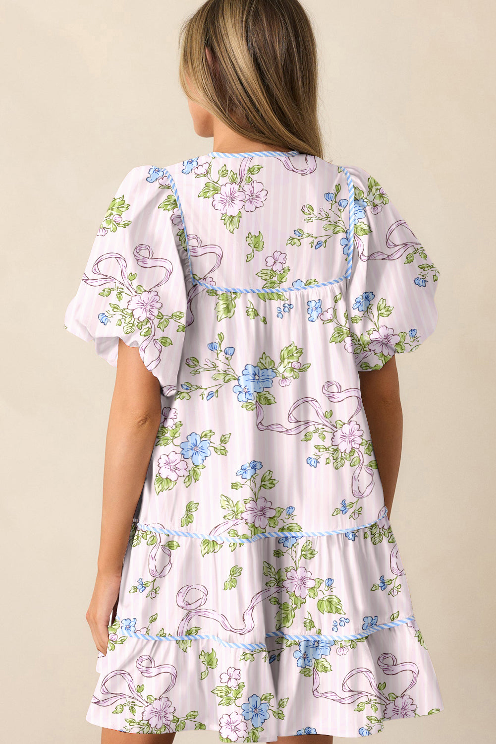 Pink Floral Striped Print Contrast Trim Tie Split Neck Mini Dress