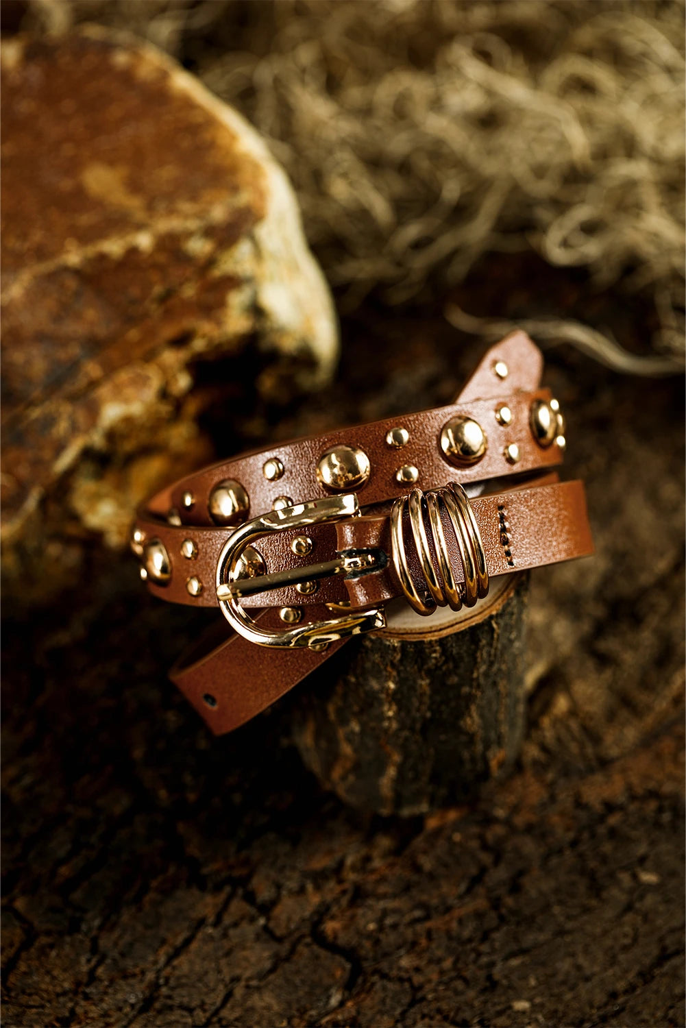 Thai Curry Faux Leather Golden Studded Ring Detail Belt