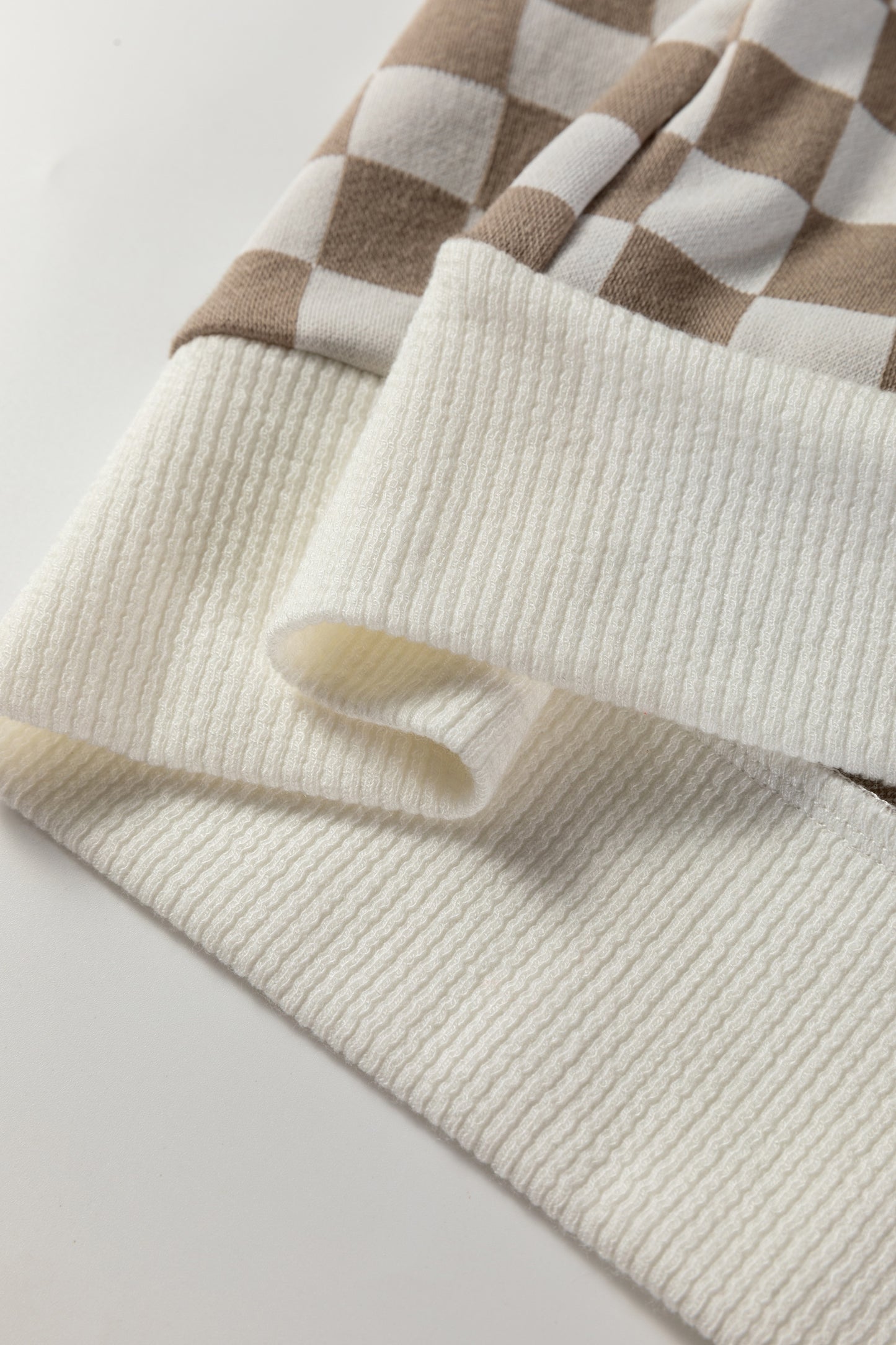 Khaki Checkered Print Quarter Zip Ribbed Patchwork Loose Sweatshirt