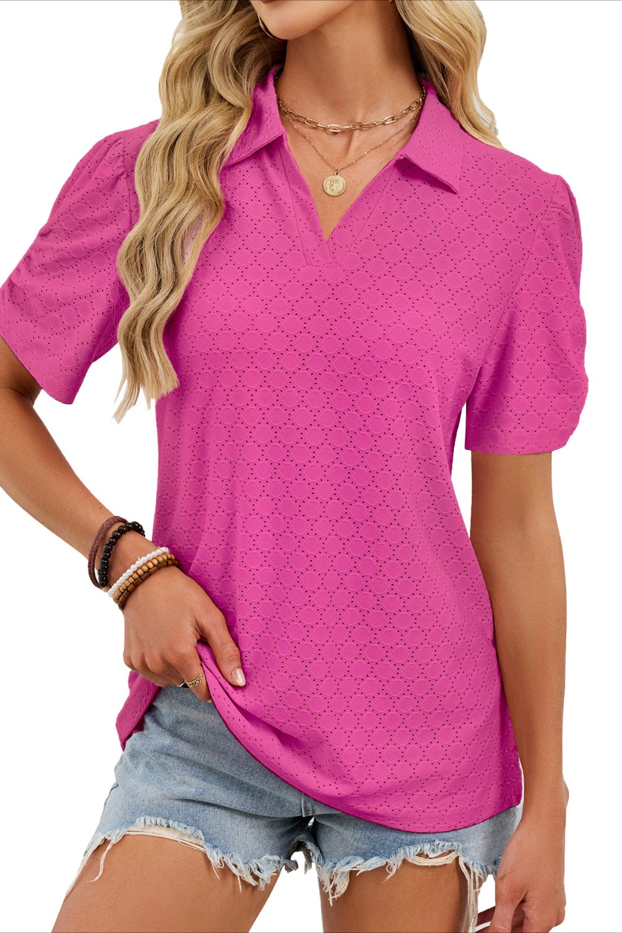 Women's V-Neck Puff Sleeve Polo Shirt Loose Casual Summer Top