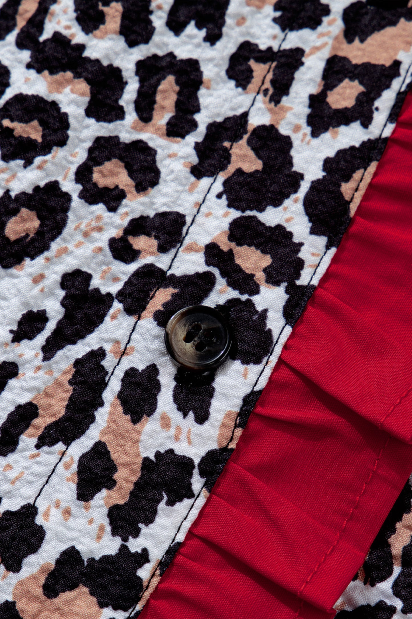 Khaki Contrast Frilled V Neck Trimmed Leopard Shirt