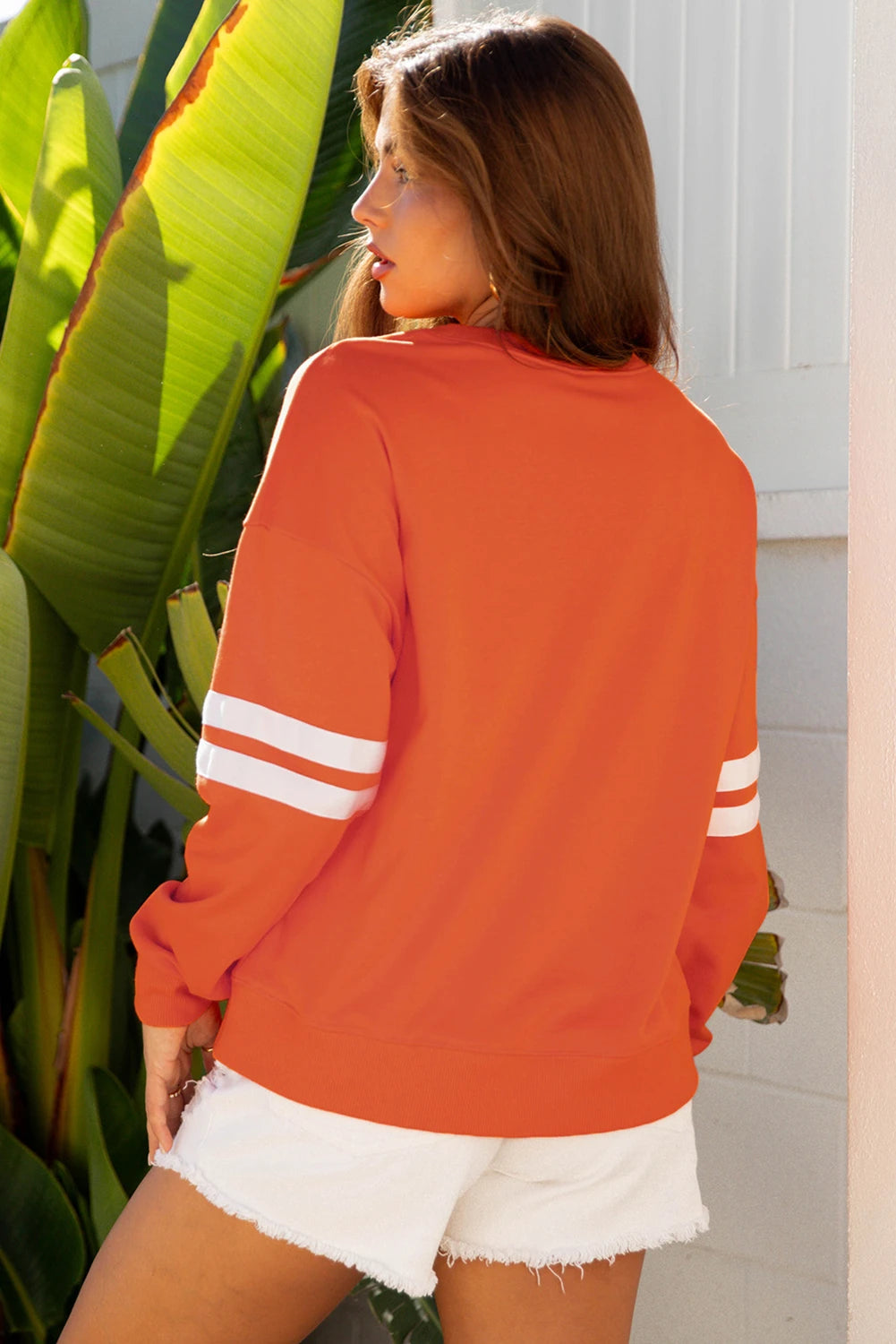 Orange Varsity Striped Sleeve Sequin Patched Thanksgiving Turkey Sweatshirt