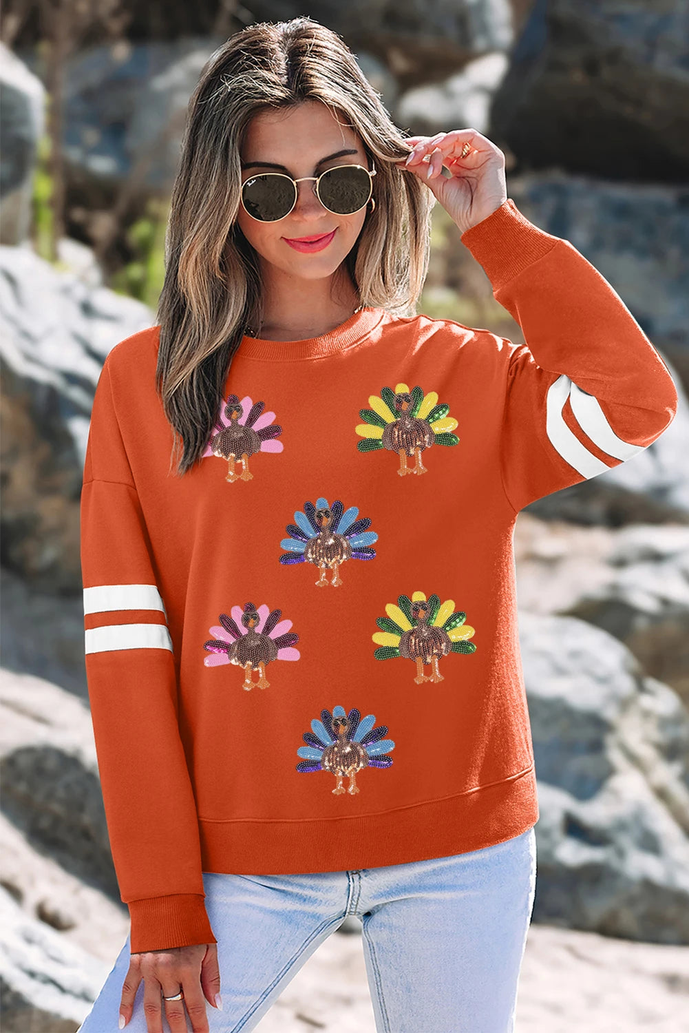 Orange Varsity Striped Sleeve Sequin Patched Thanksgiving Turkey Sweatshirt