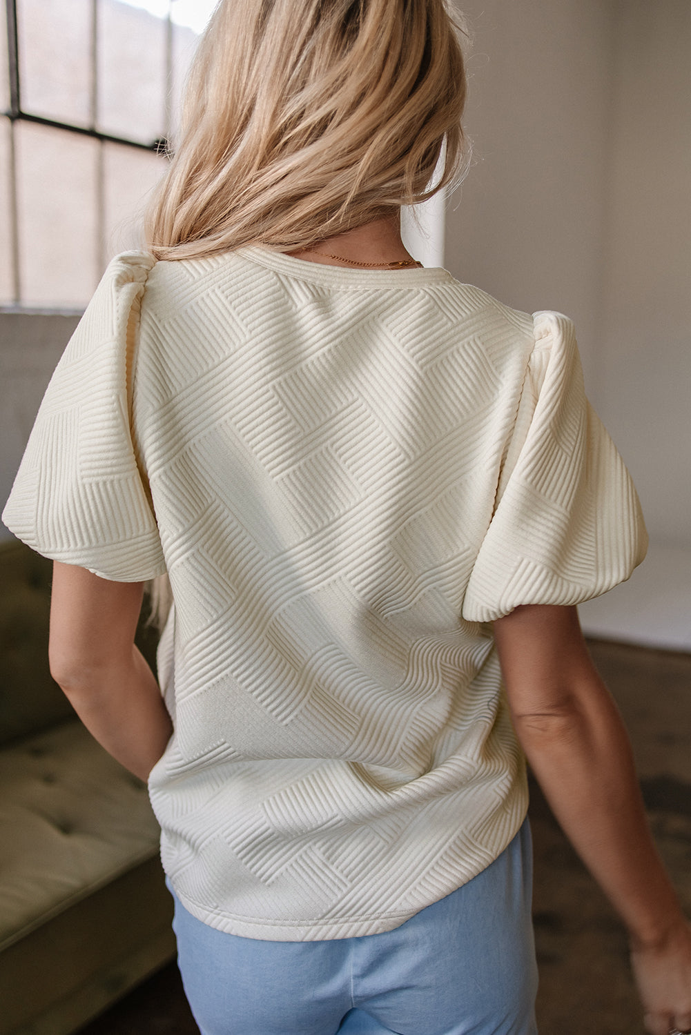 Oatmeal Textured Puff Sleeve T-shirt
