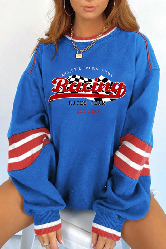Abstract Racing Graphic Embroidered Patchwork Long Sleeve Casual Sweatshirt