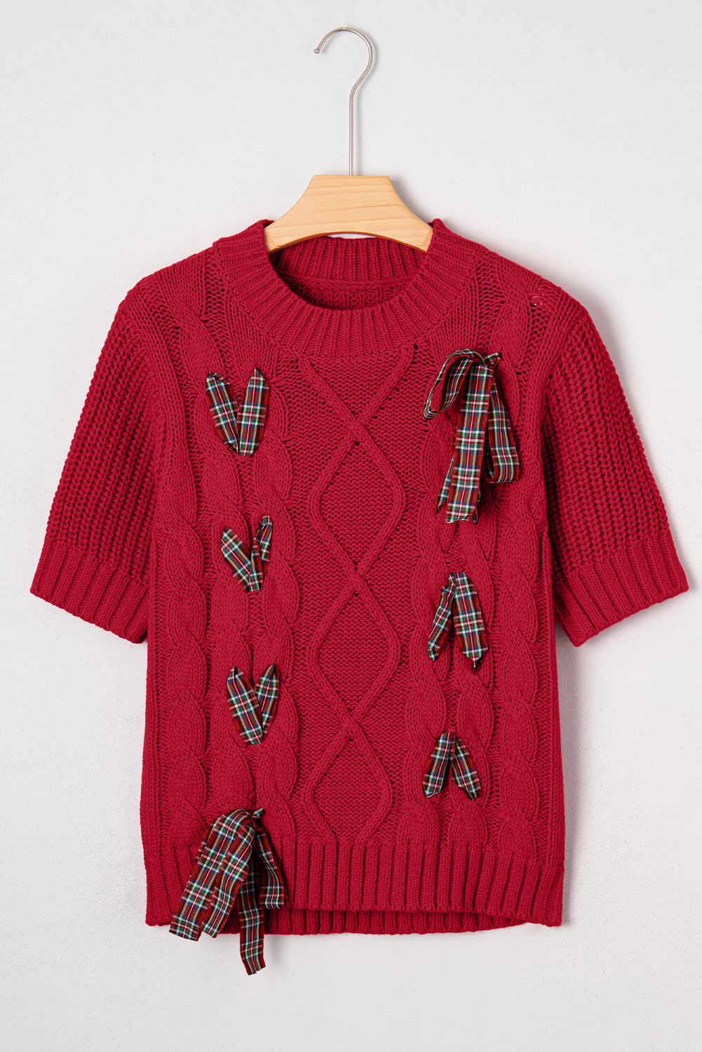Plaid Lace up Detail Christmas Holiday Puff Short Sleeve Sweater