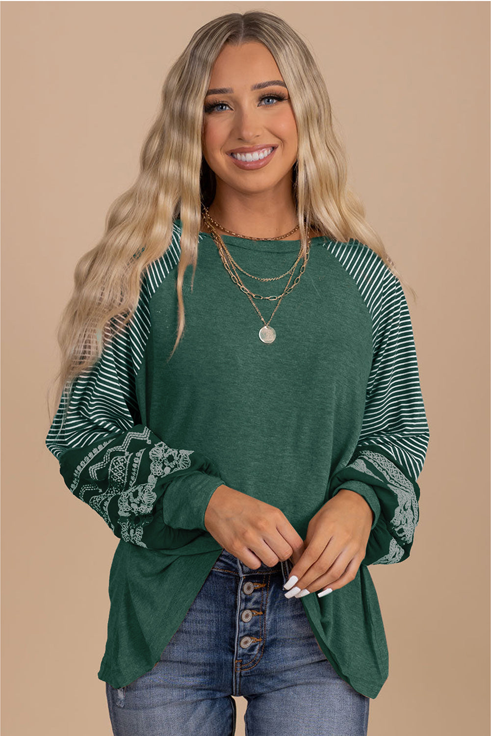 Tillandsia Purple Contrast Print Striped Raglan Long Sleeve Loose Top