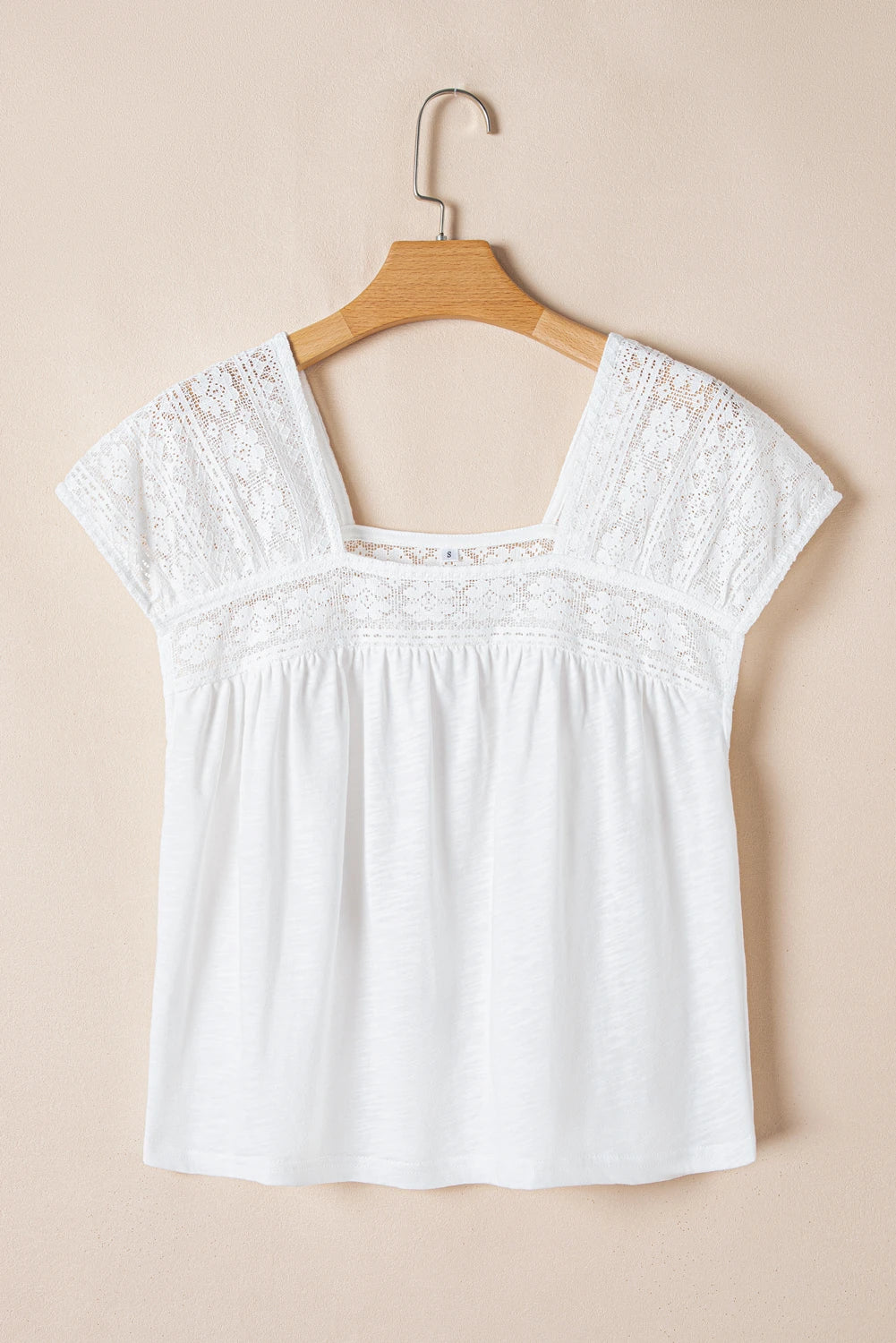 White Hollowed Lace Patchwork Square Neck Short Sleeve Blouse