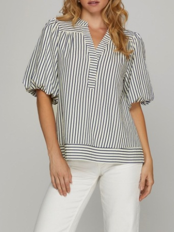 Striped V Neck Puff Sleeve Patchwork Blouse Top
