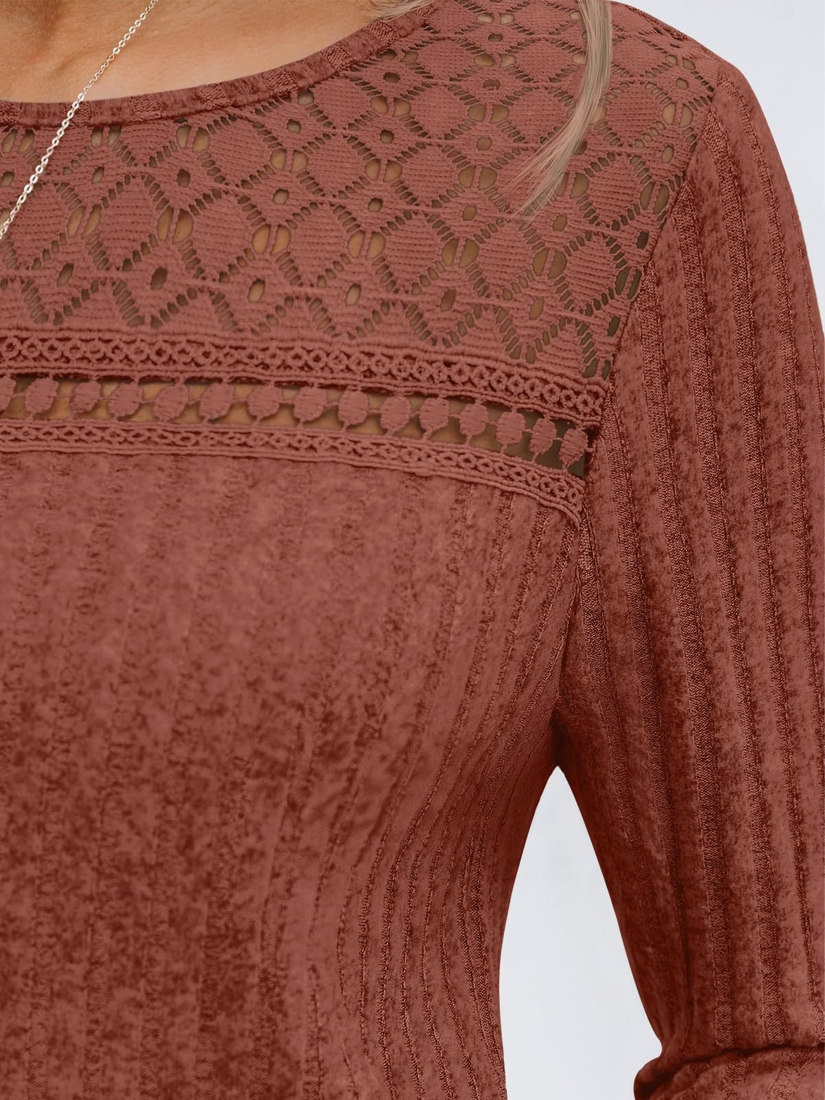 Solid Ribbed Top Casual Lace Long Sleeve Boutique