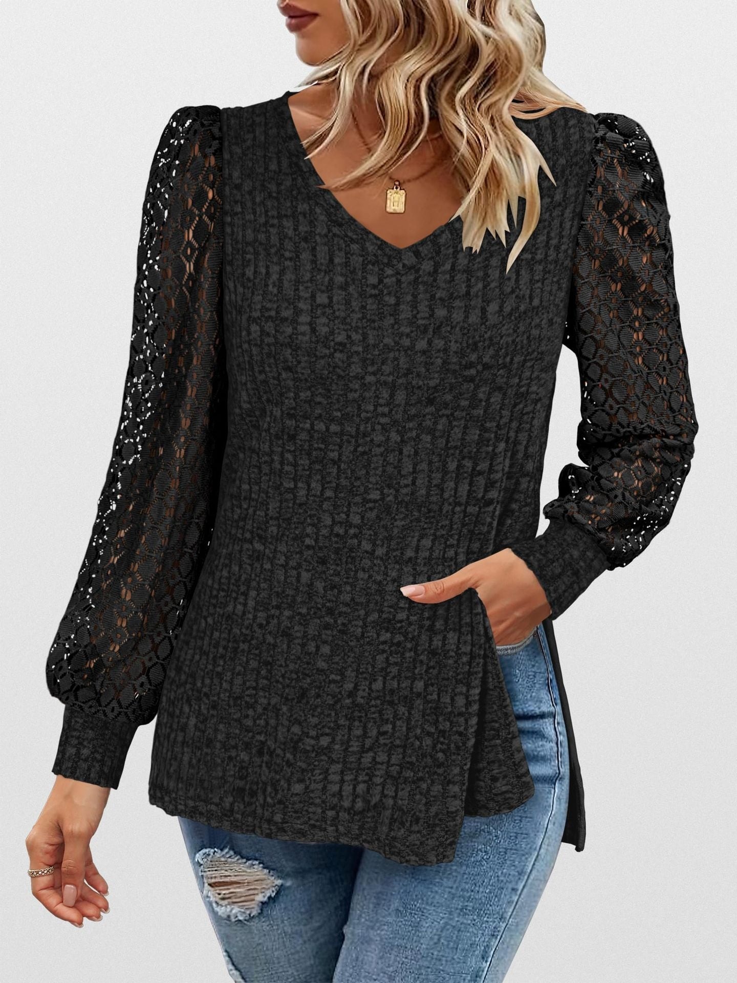 V-Neck Knit Top with Lace Puff Long Sleeves