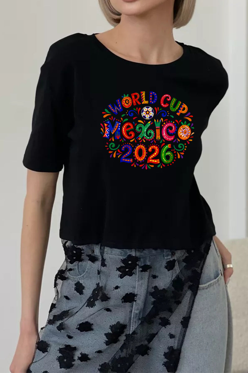 World Cup Mexico 2026 Graphic Crop Tee Colorful Soccer T Shirt Women