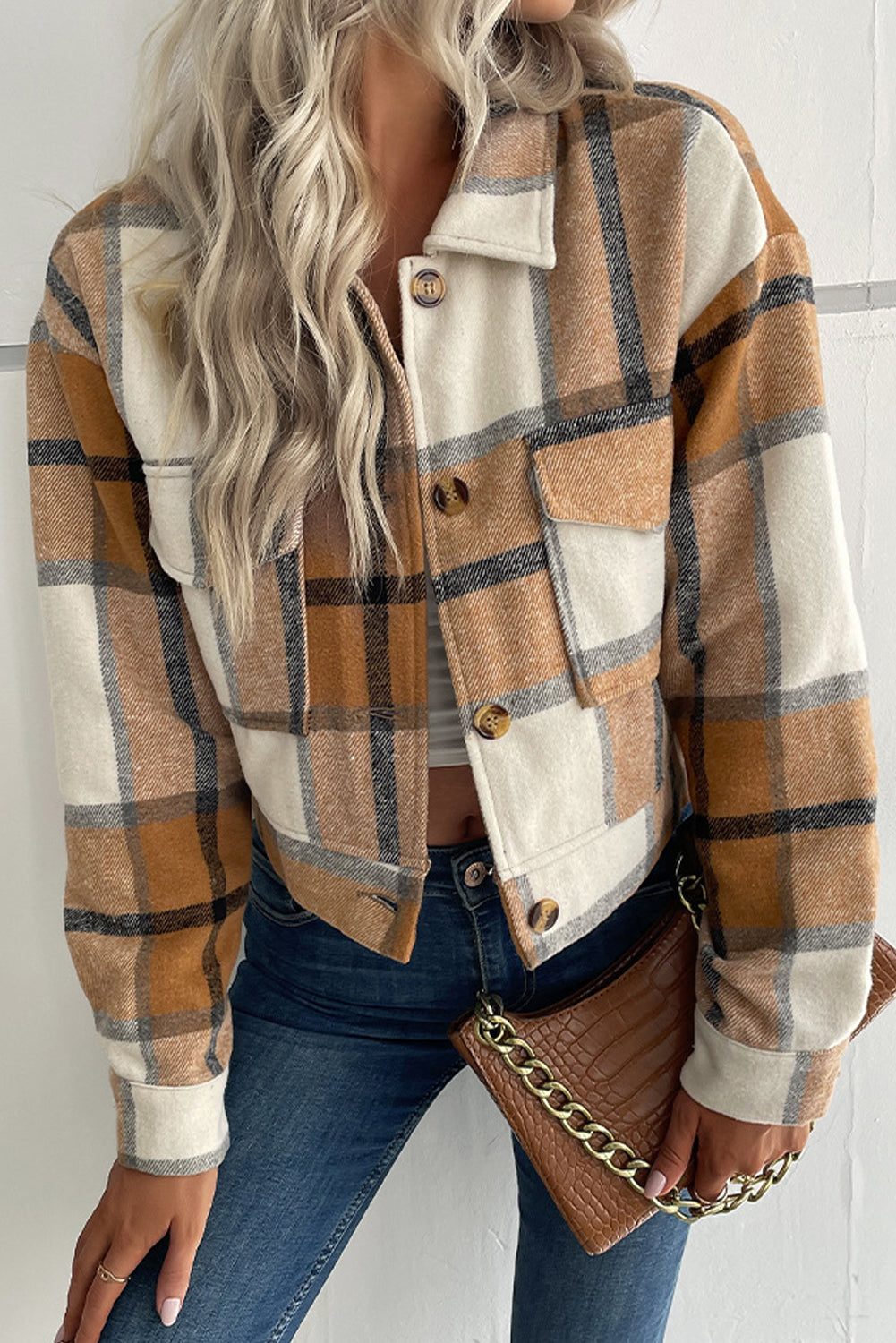 Sleeve Buttoned Cardigan Plaid Jacket With Pockets