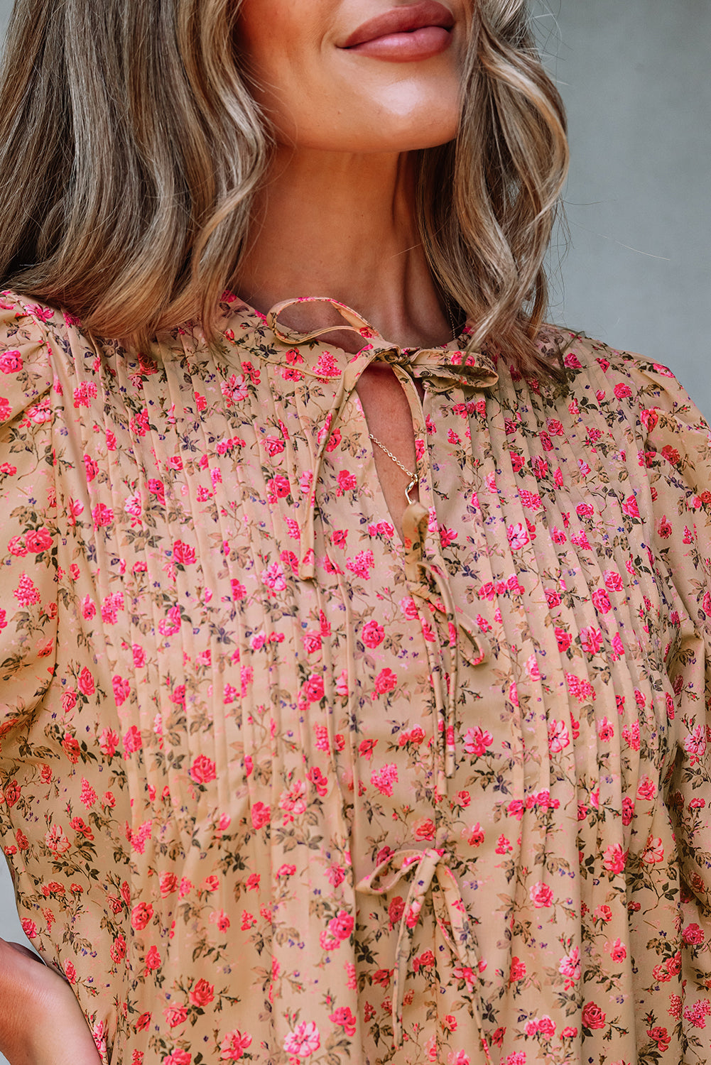 Light French Beige Floral Print Bow Pintuck Bust Half Puff Sleeve Blouse Top