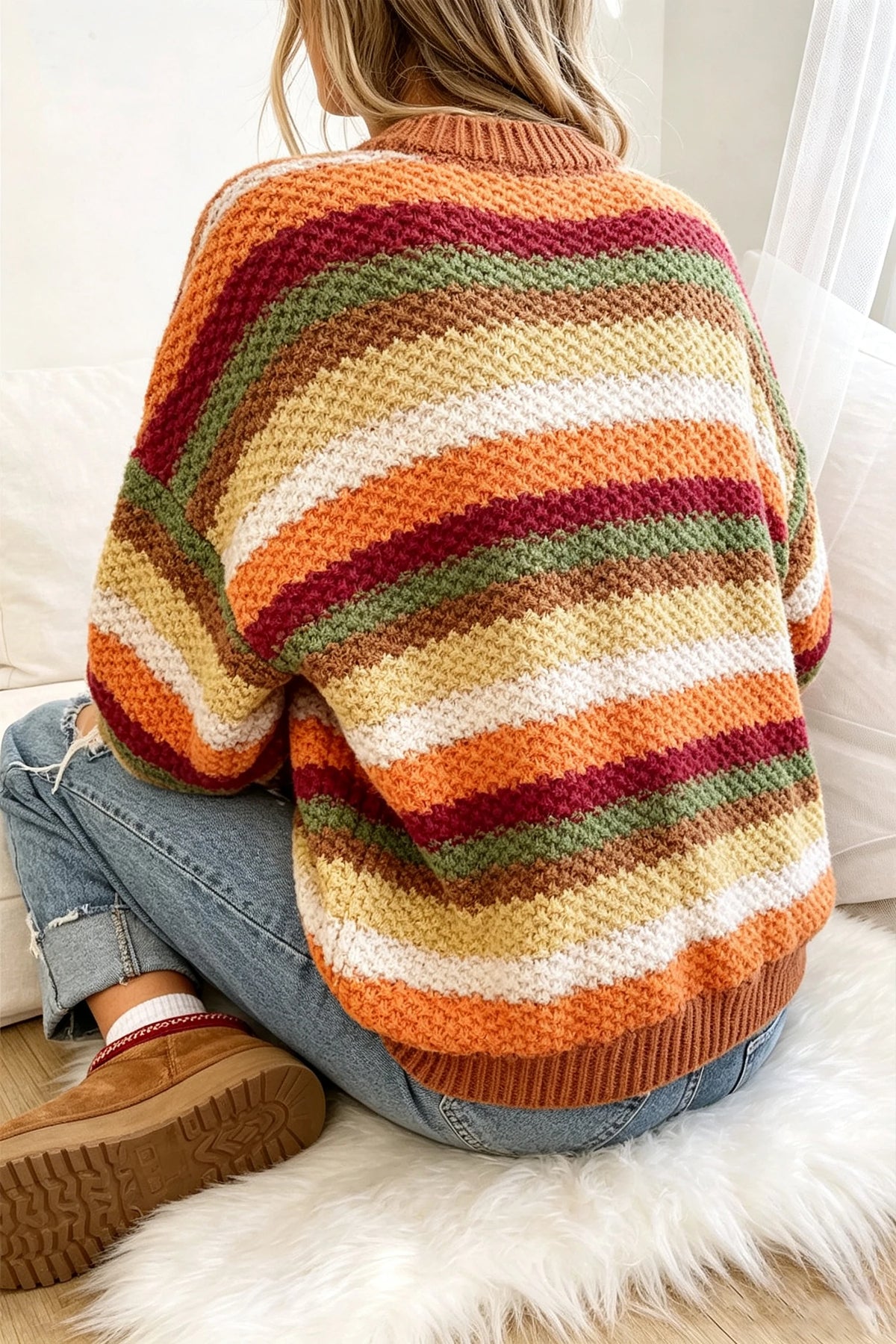 Rose Red Rainbow Striped Knit Round Neck Puff Sleeve Sweater