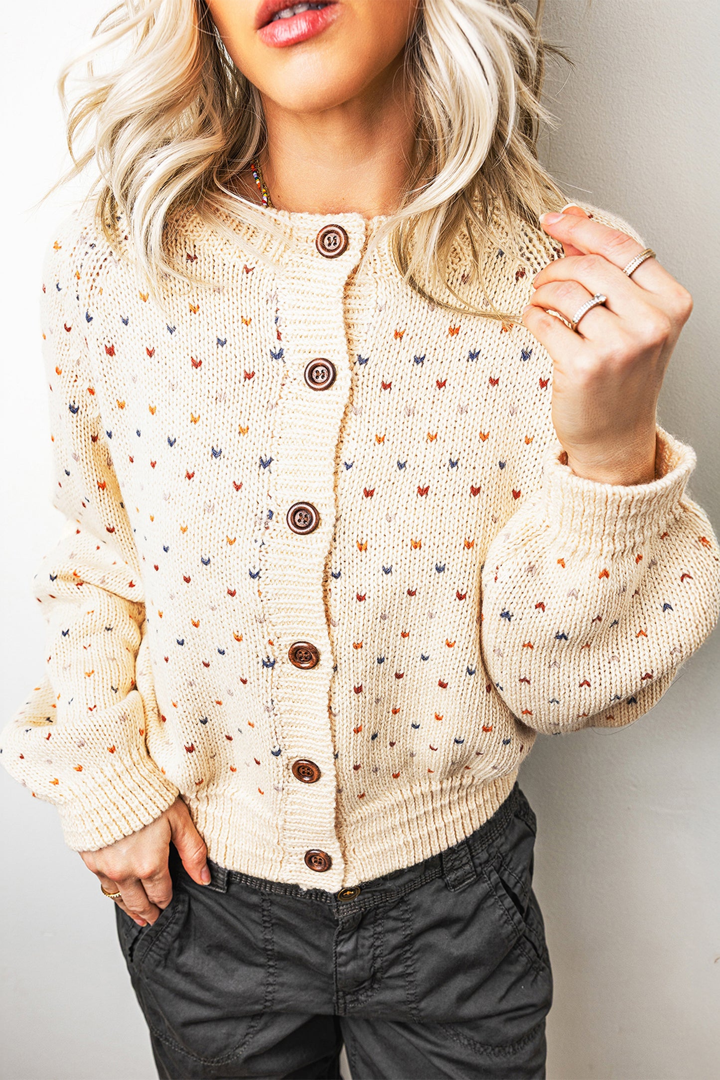 Beige Geometric Print Button Front Long Sleeve Regular Fit Cardigan