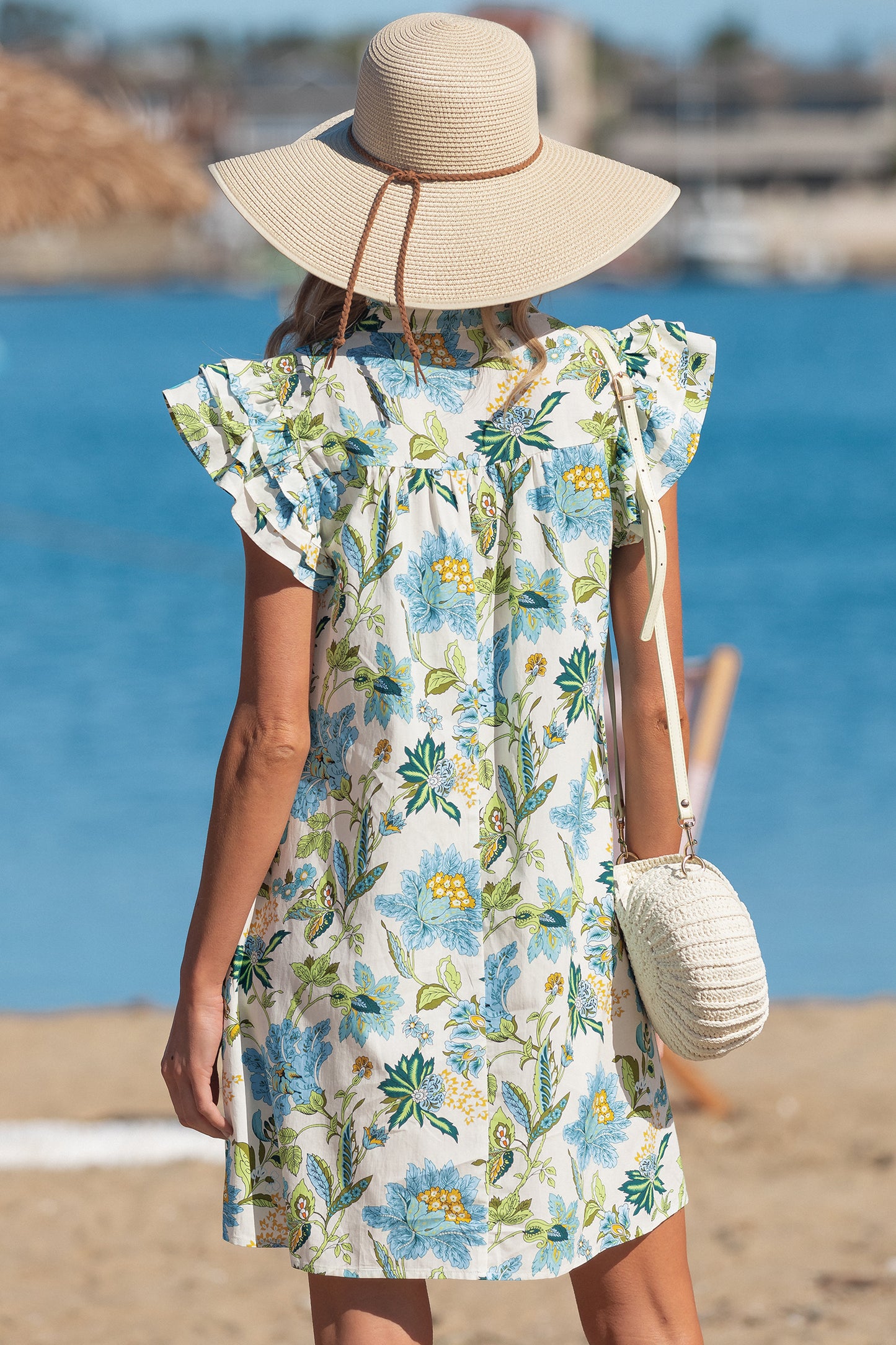 Beige Floral Print V Neck Triple Ruffle Short Sleeve Shift Mini Dress