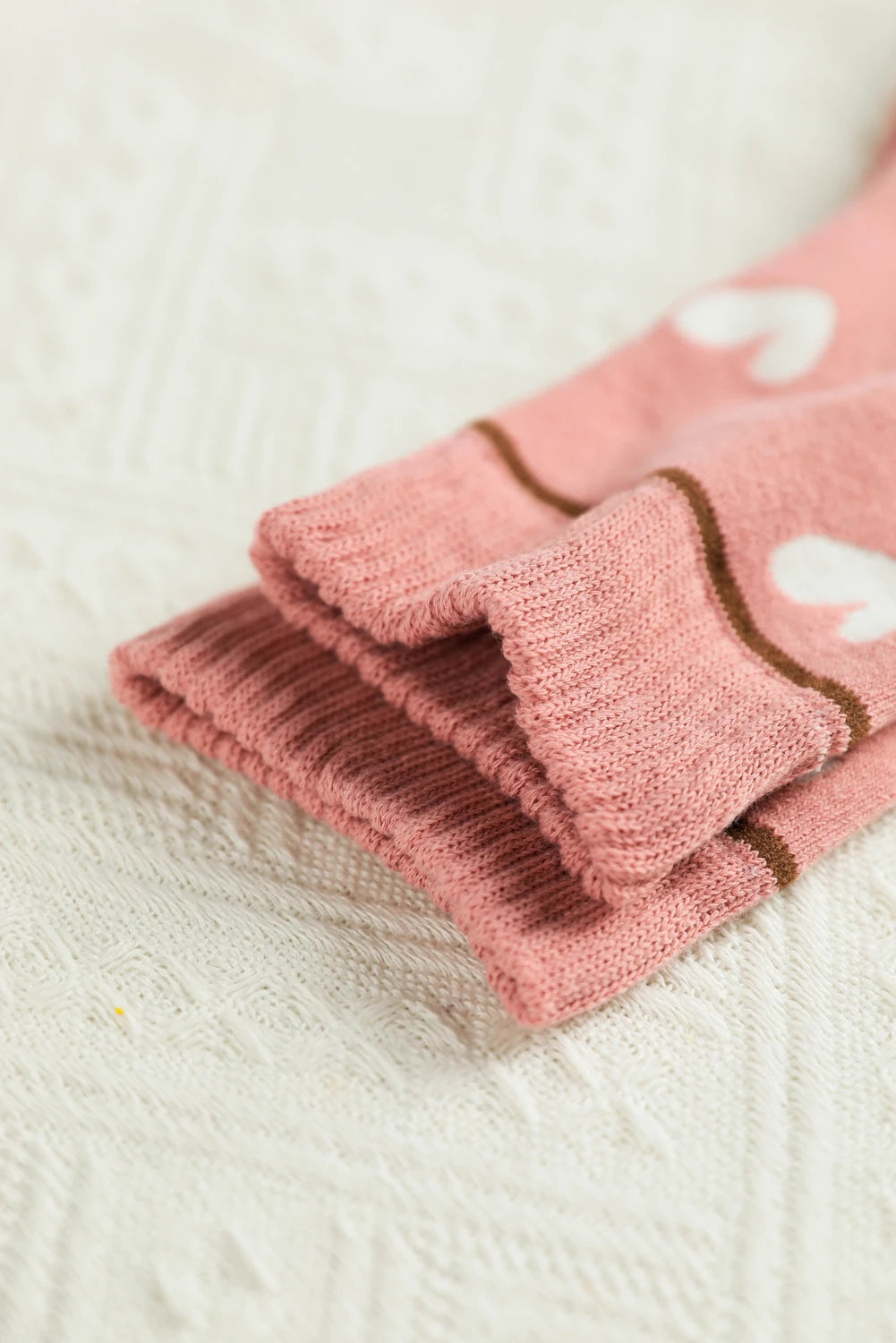 Pink Contrast Heart Print Ribbed Cuff Womens Crew Socks