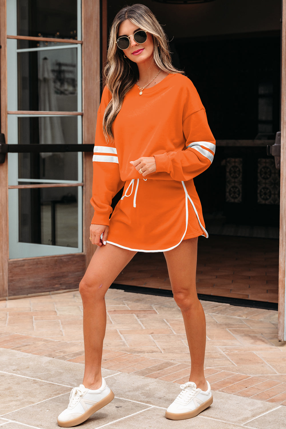 Orange Varsity Stripe Detail Drop Shoulder Pullover Mini Skirt Set
