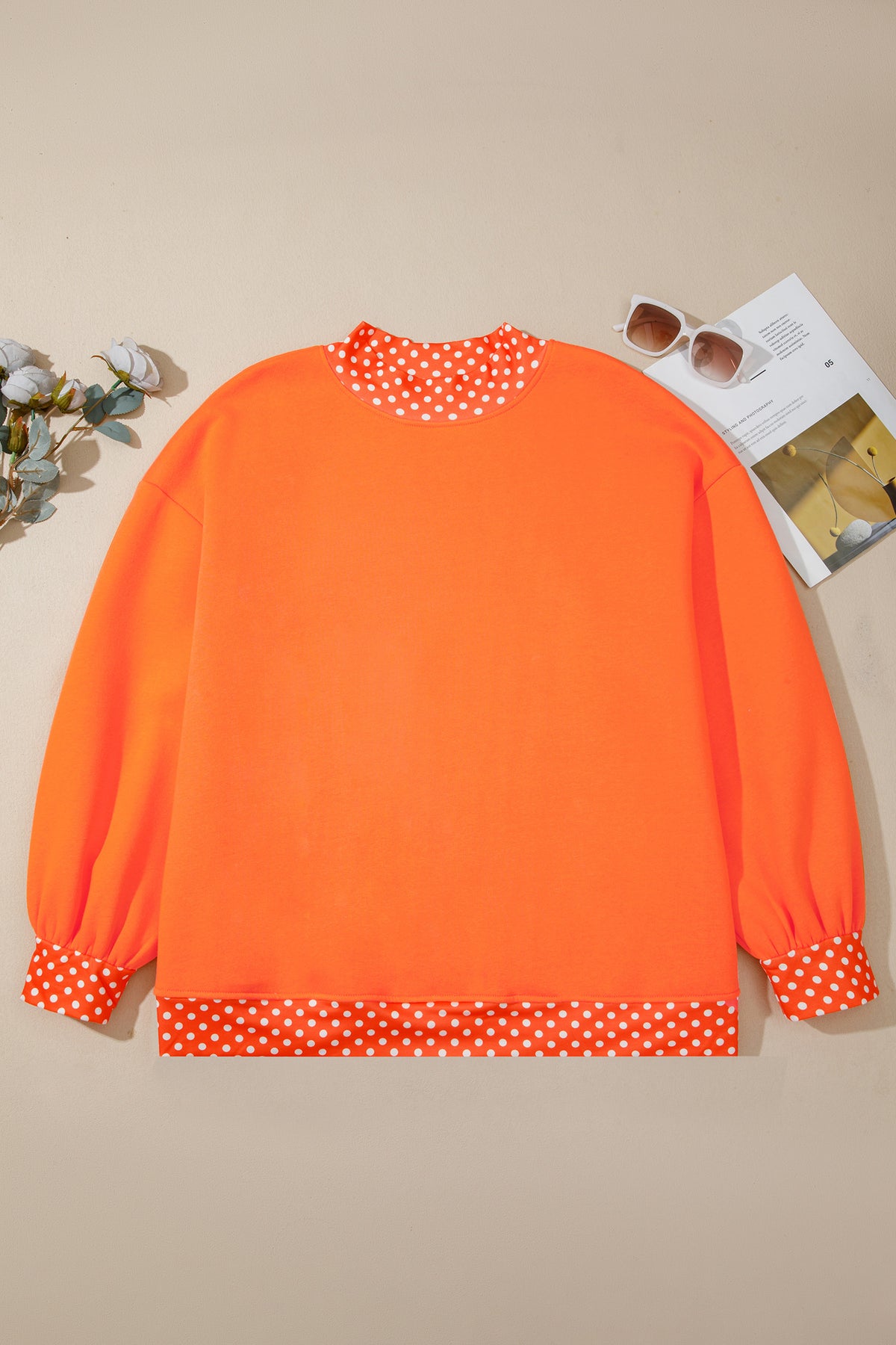 Red Polka Dot Patchwork Round Neck Plus Size Sweatshirt