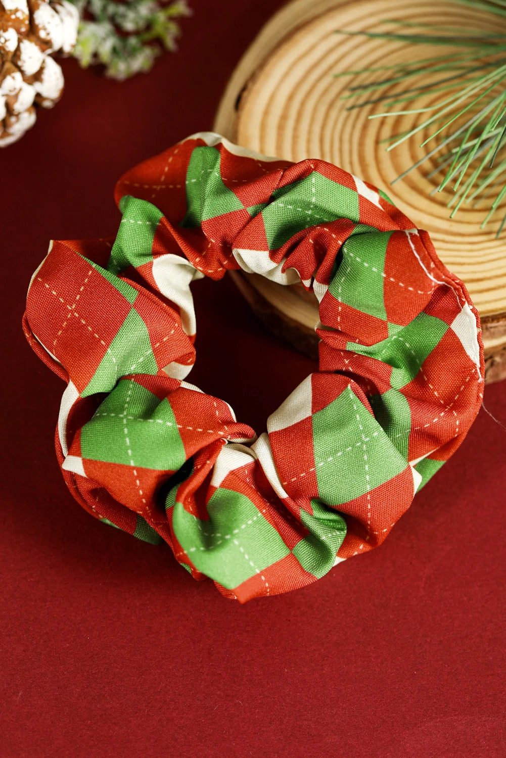 Racing Red Christmas Argyle Color Block Scrunchy Hair Tie