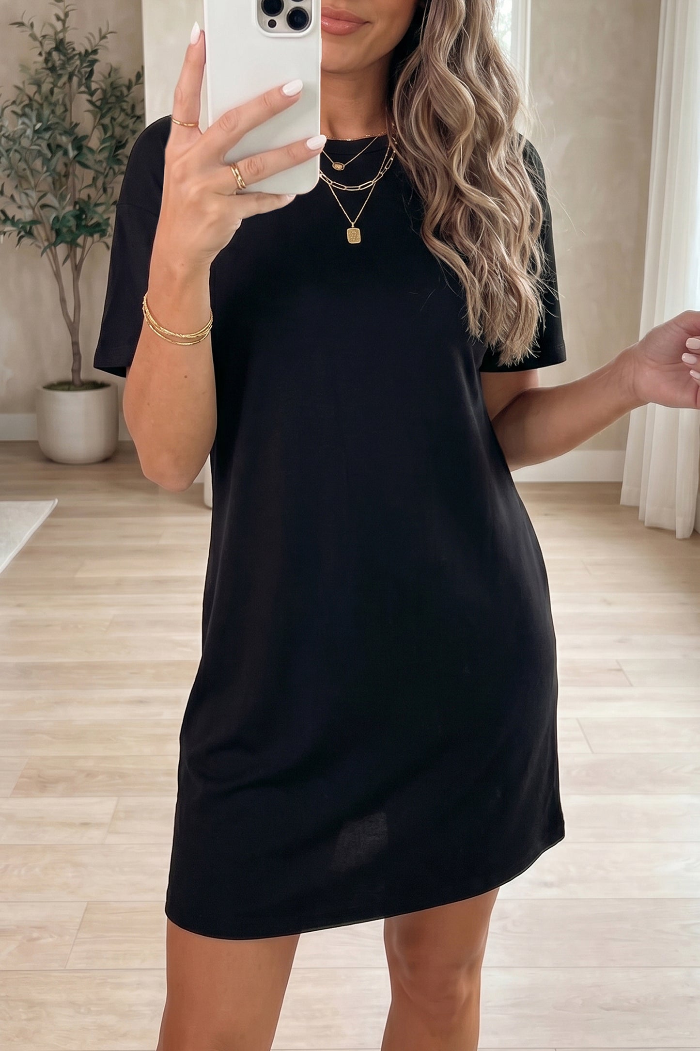 Solid Knit Mini Dress Casual Puff Sleeve Shift Dress