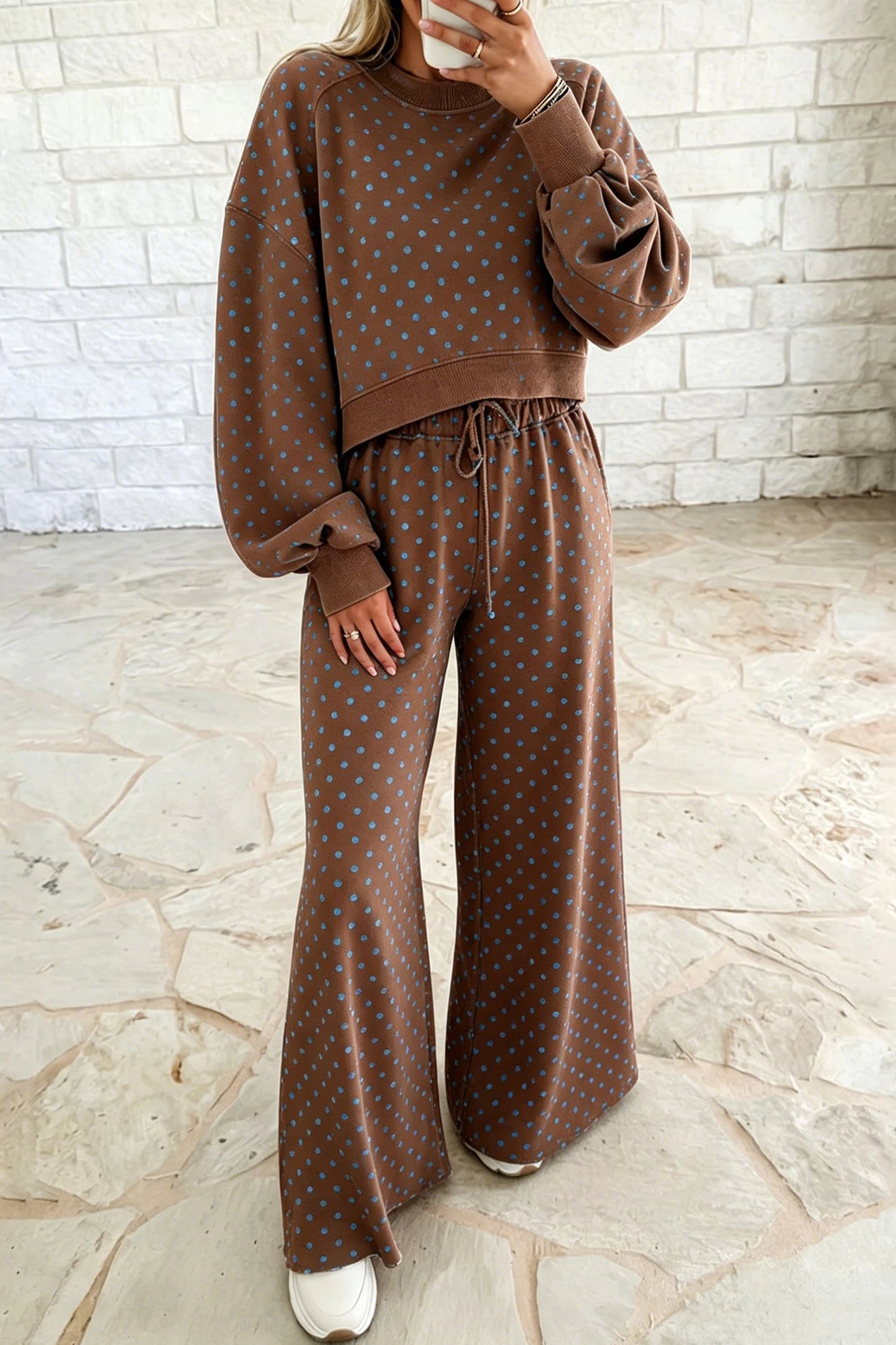 Polka Dot Drawstring Wide Leg Long Sleeve Top Pant Set