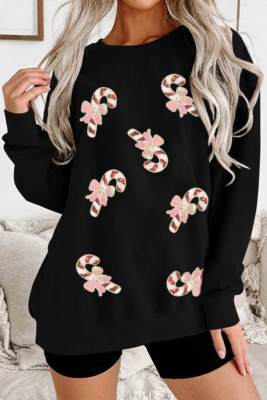 Black Christmas Candy Cane Sequin Patch Baggy Sweatshirt