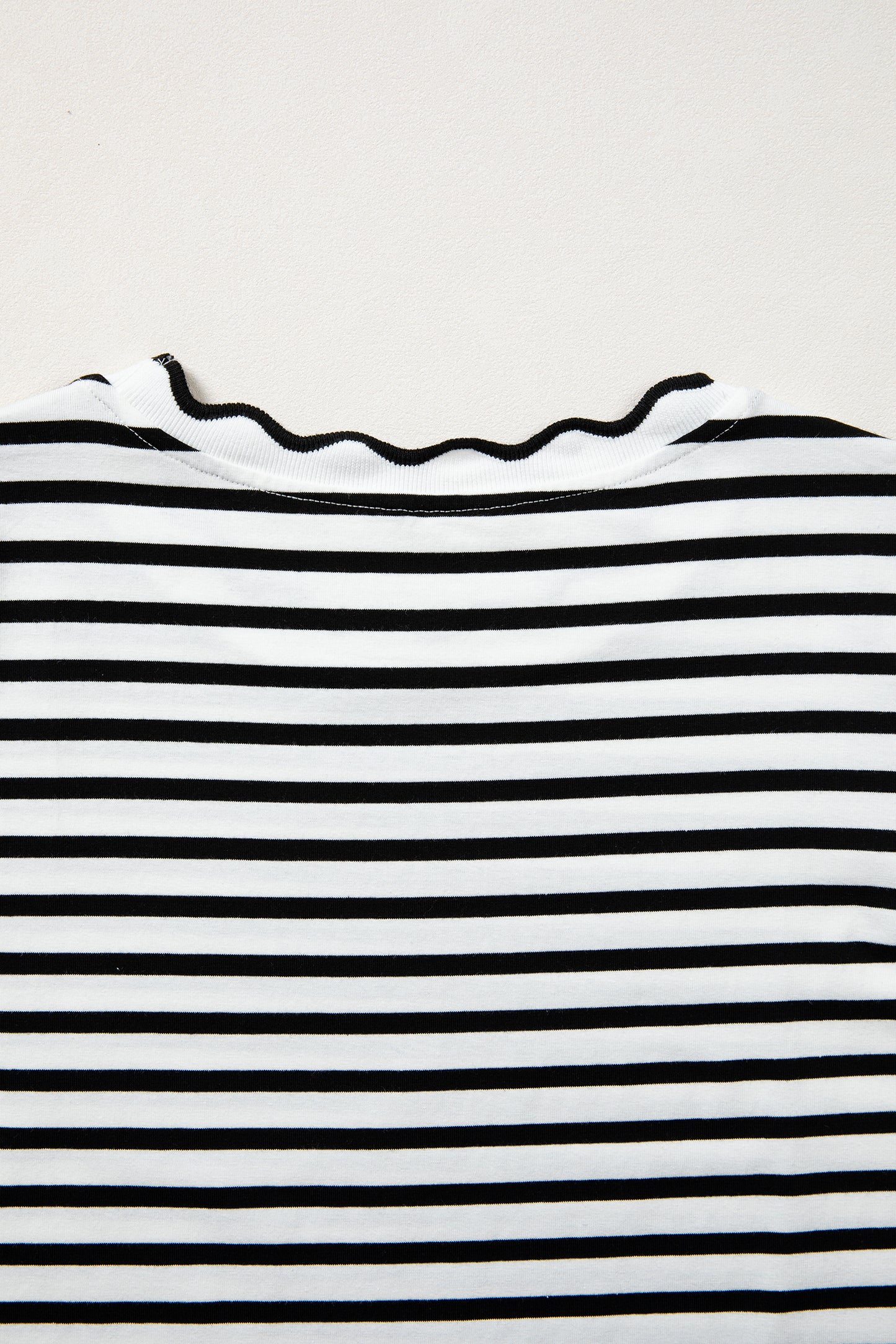 Black Stripe Scalloped Trim Round Neck T Shirt