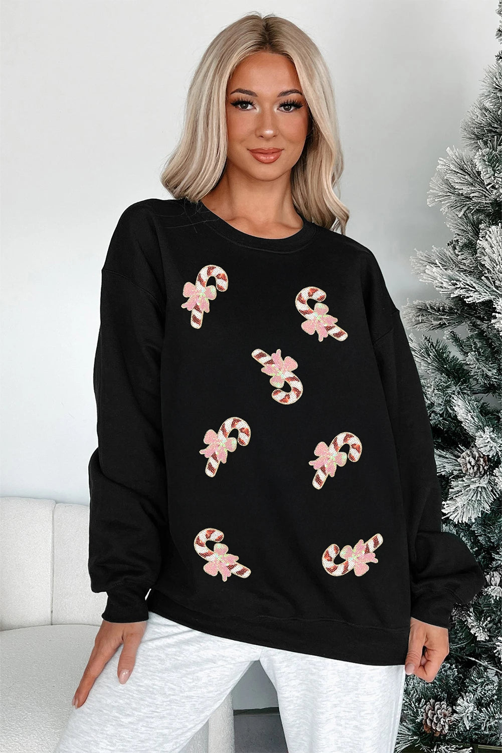 Black Christmas Candy Cane Sequin Patch Baggy Sweatshirt
