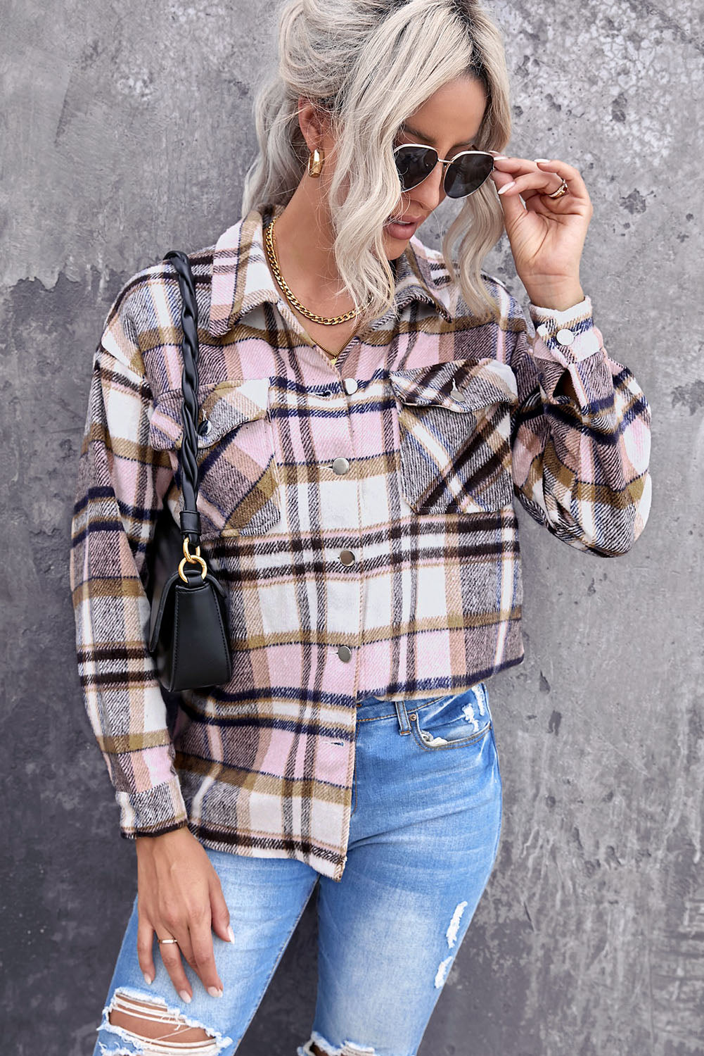 Geometric Plaid Print Pocketed Shacket