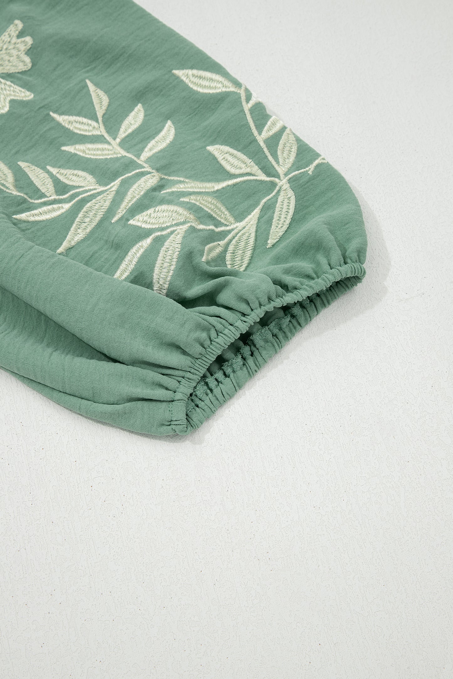 Smoke Green Color Block Patchwork V Neck Embroidered Puff Sleeve Babydoll Blouse