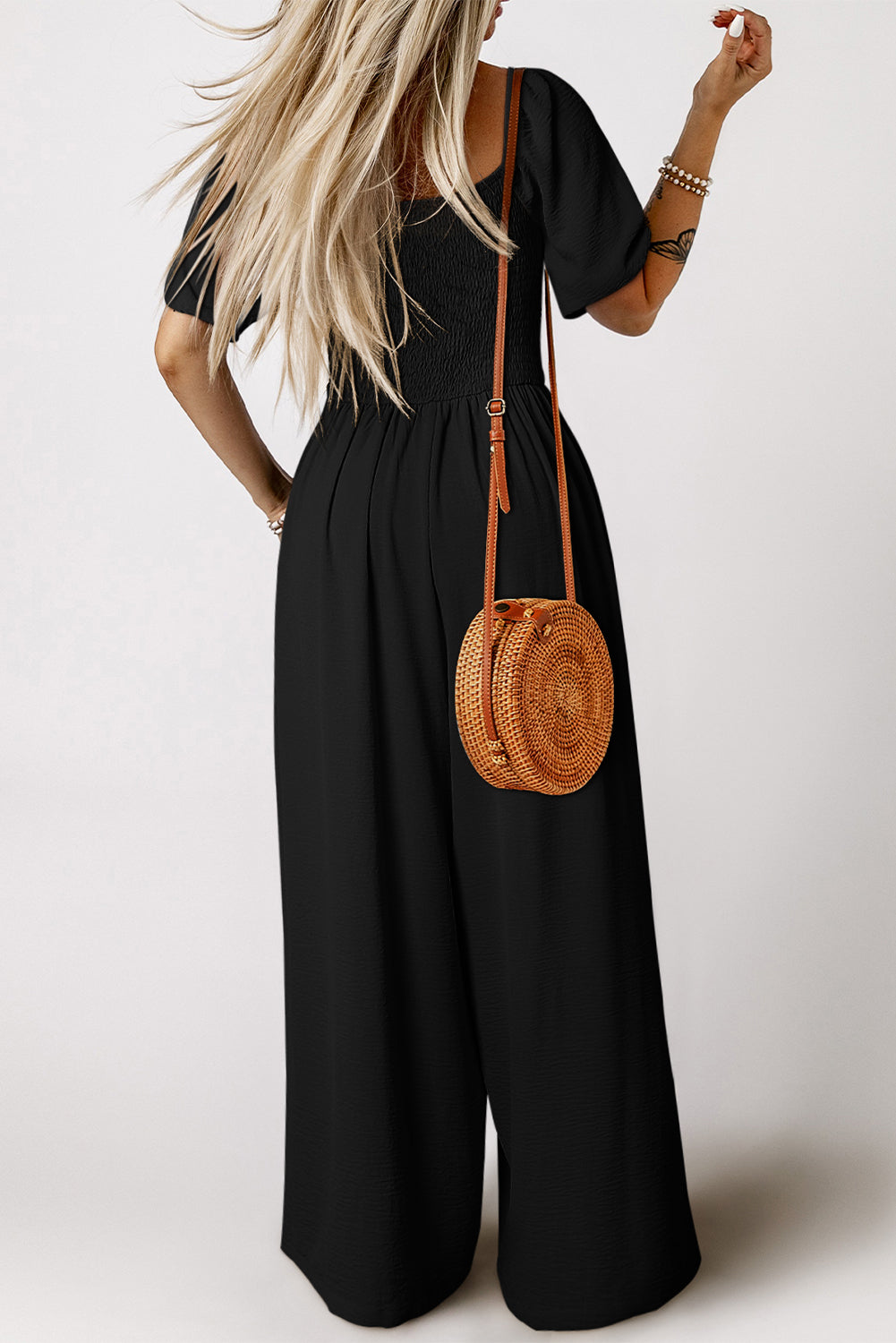 Short Bubble Sleeve Smocked Wide Leg Jumpsuit