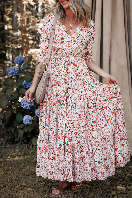 Red Boho Half Sleeve Floral V Neck Maxi Dress