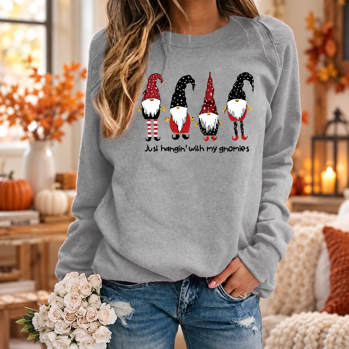 Womens Christmas Gnomes Graphic Crewneck Sweatshirt