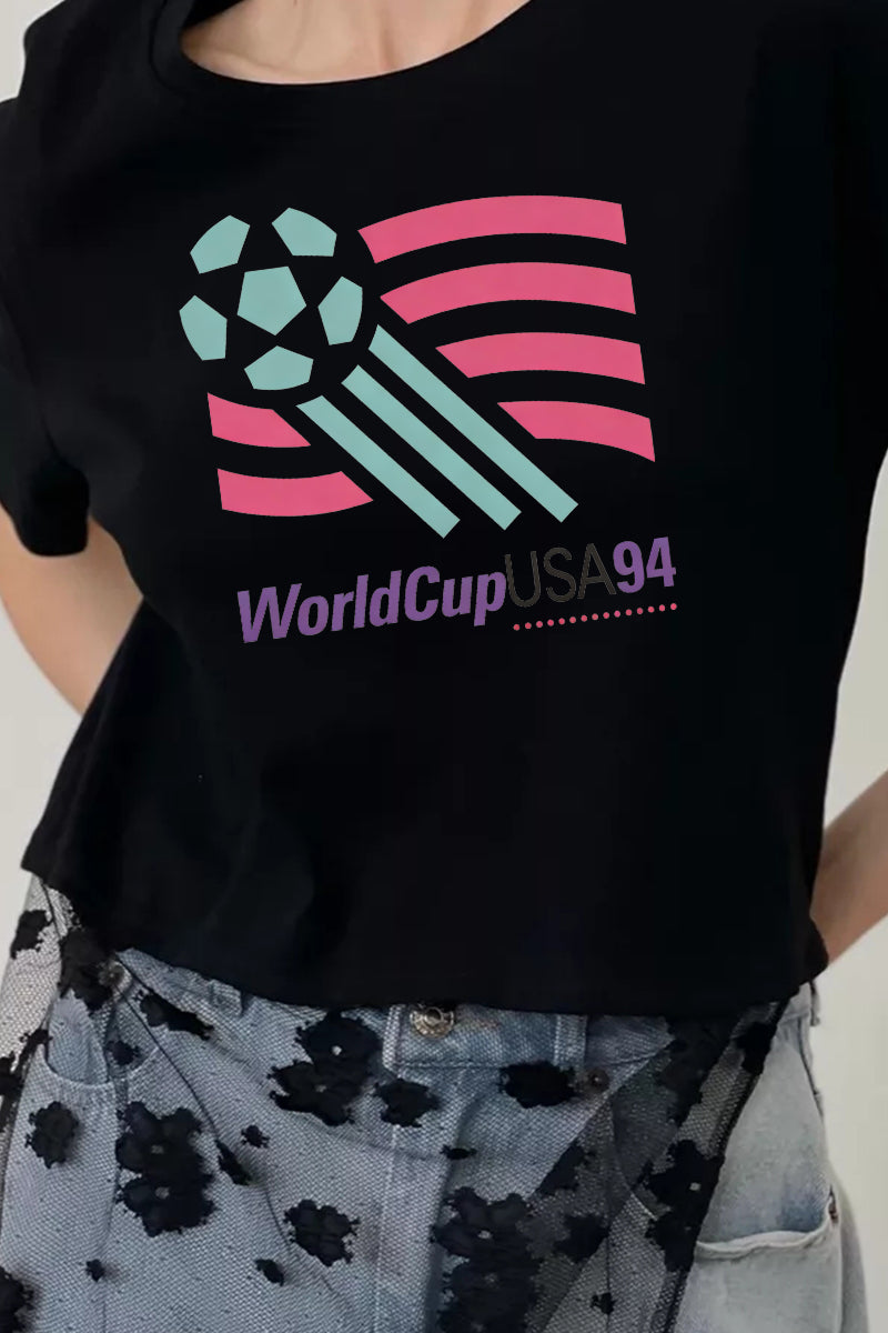 Vintage World Cup USA Graphic Crop Tee Casual Short Sleeve T Shirt