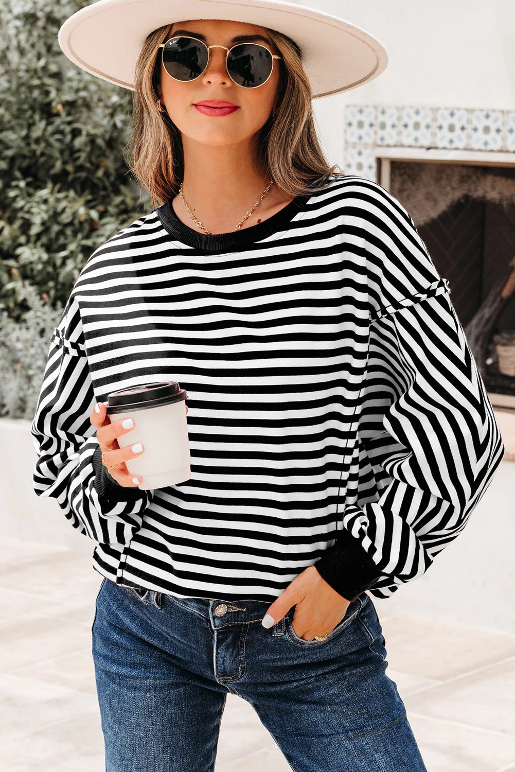 Red Stripe Exposed Seam Drop Shoulder Casual Pullover Top