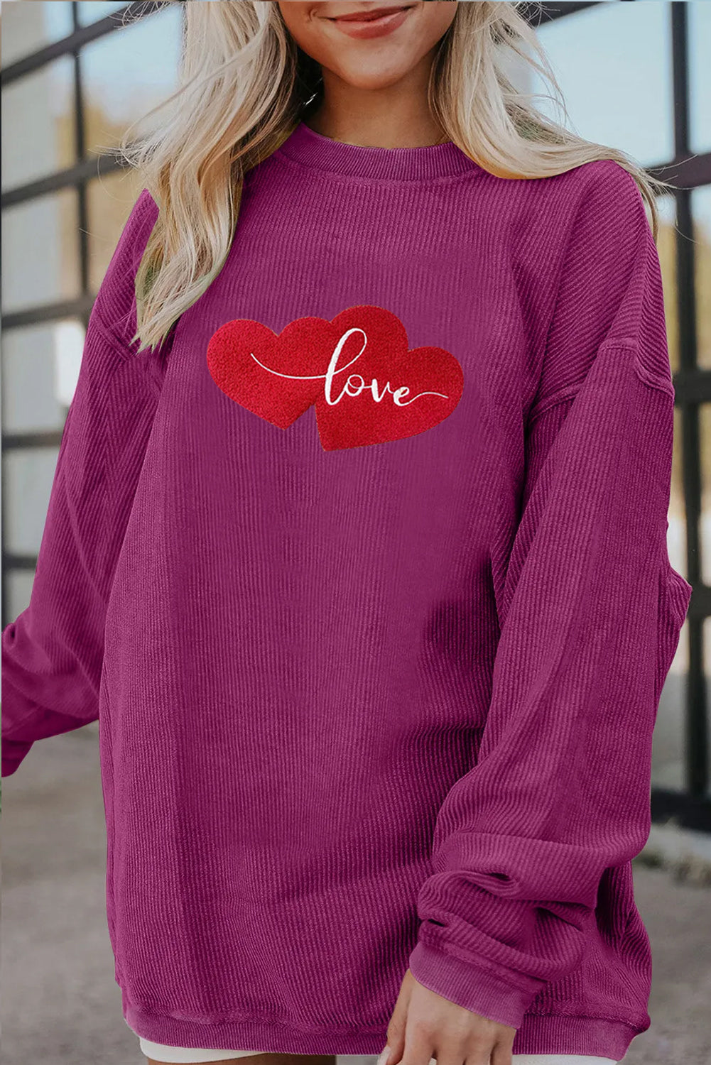 Valentine Love Heart Corduroy Ribbed Oversized Sweatshirt