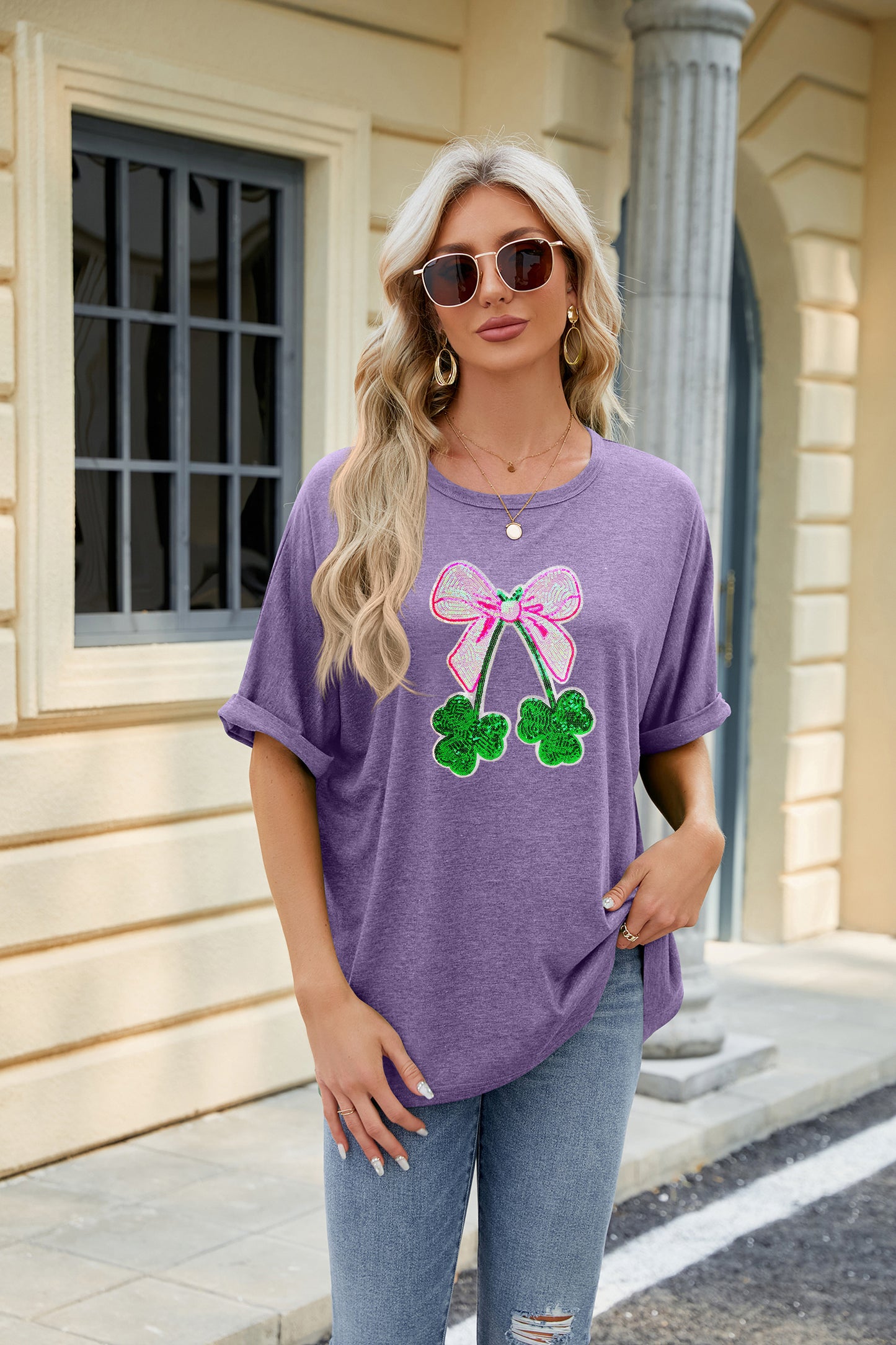 St Patrick’s Day Sequin Bow Clover Graphic Tee