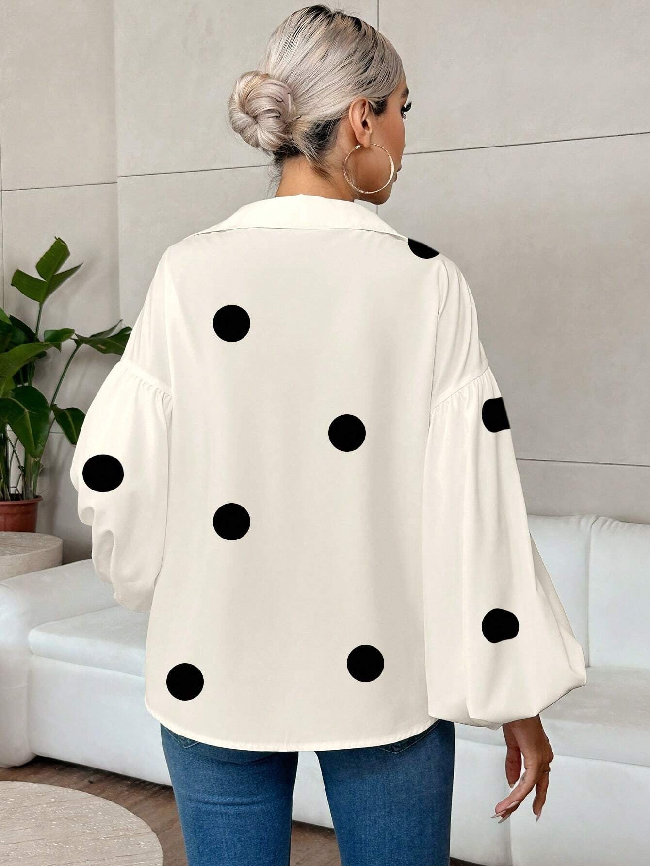 French Polka Dot Half-Open Collar Puff Sleeve Top