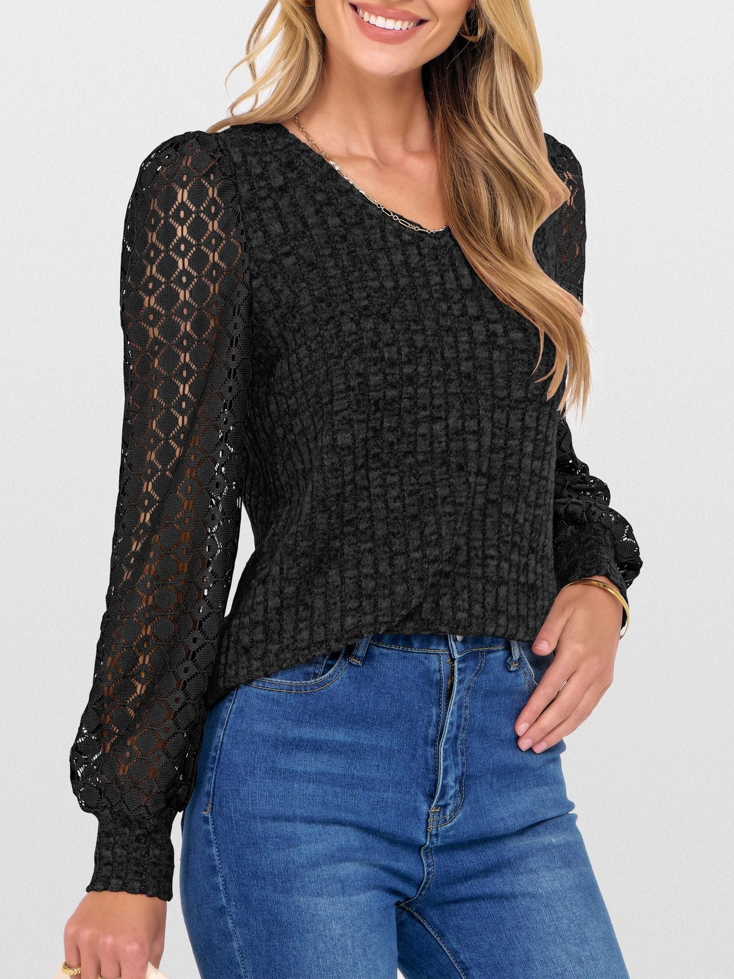 V-Neck Knit Top with Lace Puff Long Sleeves