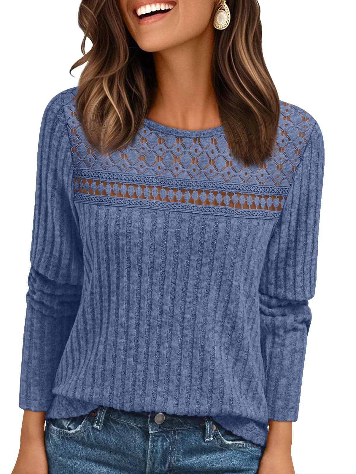 Solid Ribbed Top Casual Lace Long Sleeve Boutique