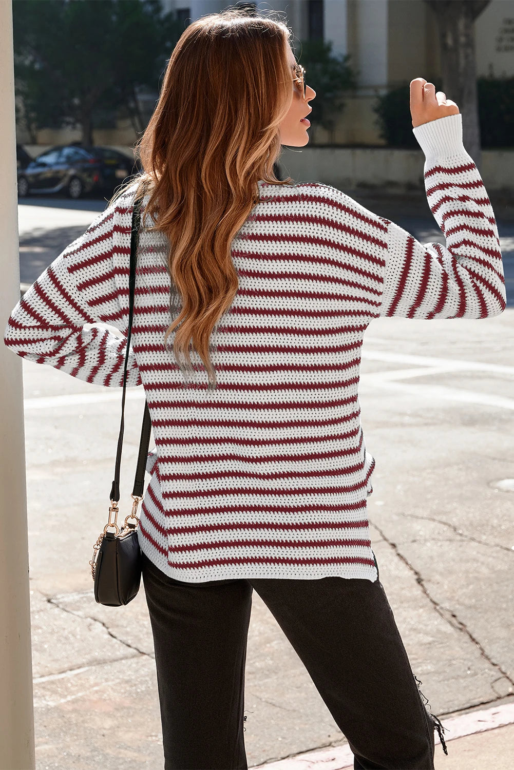 White Striped Knit Split Hem Baggy Sweater
