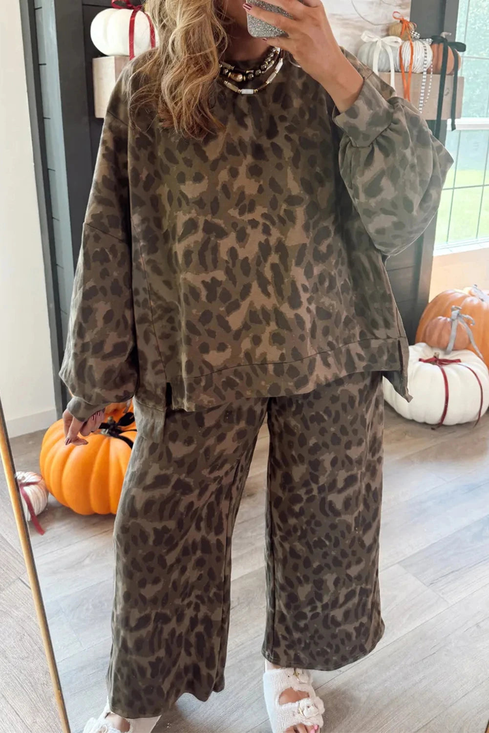 Brown Leopard Print Raw Seam Patchwork Pullover Drawstring Loose Pant Set