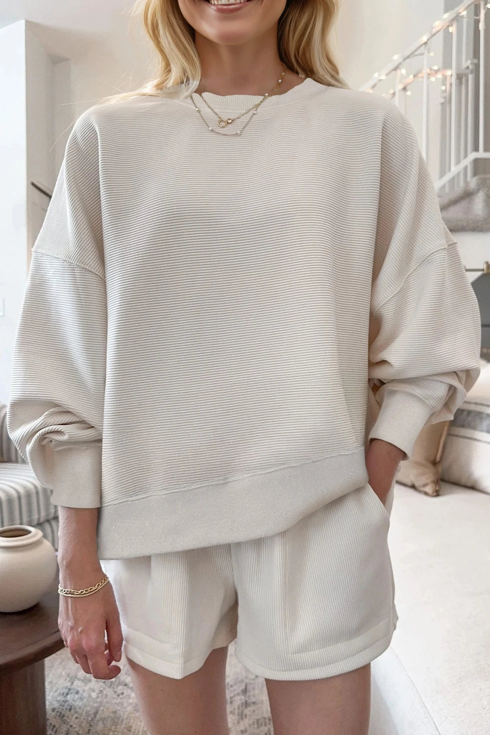Ribbed Texture Baggy Drop Shoulder Pullover and Shorts Set