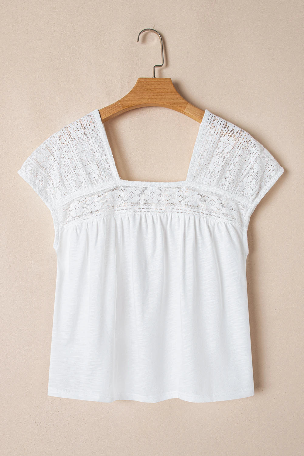 White Hollowed Lace Patchwork Square Neck Short Sleeve Blouse